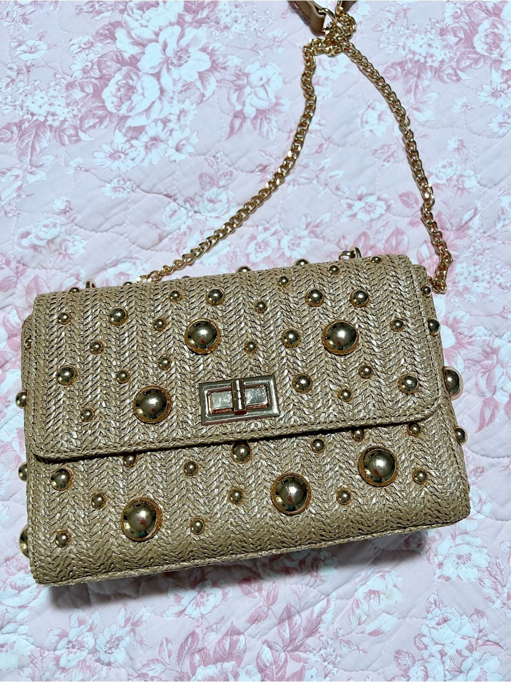 Studded Woven Crossbody Bag in Gold